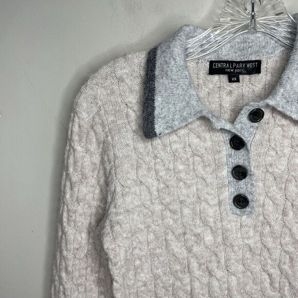 CENTRAL PARK WEST Sweater Women XS Bobbie Polo Pullover Gray Cable Knit Collared - Picture 5 of 15